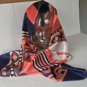 Jean Muratel Silk French Oblong Scarf 15x59  Coral Navy Paisley Vintage Designer